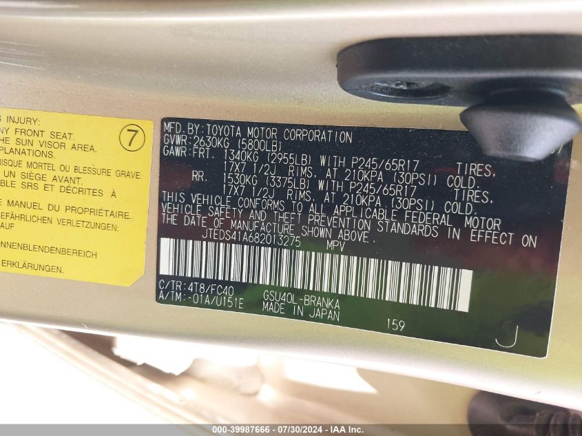 2008 Toyota Highlander VIN: JTEDS41A682013275 Lot: 39987666