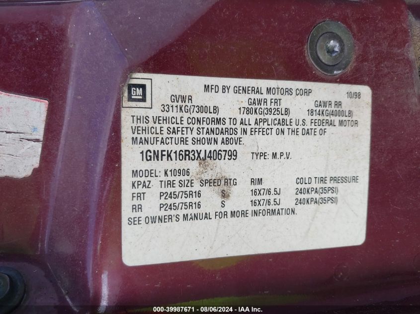 1999 Chevrolet Suburban 1500 Lt VIN: 1GNFK16R3XJ406799 Lot: 39987671