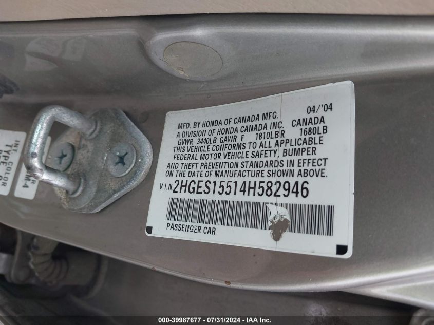 2004 Honda Civic Lx VIN: 2HGES15514H582946 Lot: 39987677