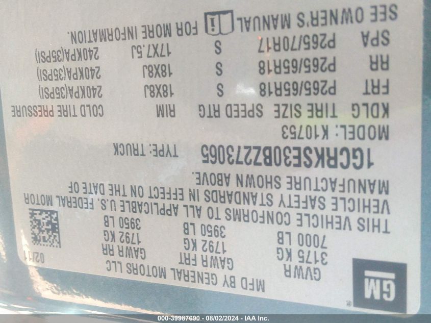 2011 Chevrolet Silverado 1500 Lt VIN: 1GCRKSE30BZ273065 Lot: 39987690