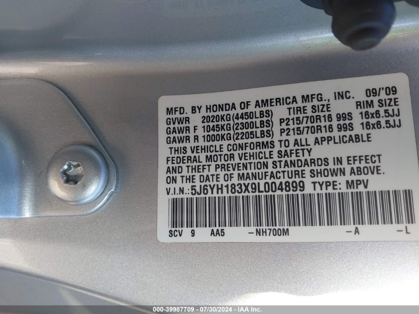 2009 Honda Element Lx VIN: 5J6YH183X9L004899 Lot: 39987709