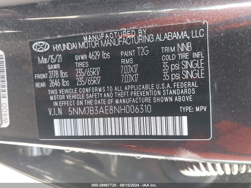 2022 HYUNDAI TUCSON 2.5L I-4 DI, DOHC, V(VIN: 5NMJB3AE8NH006310