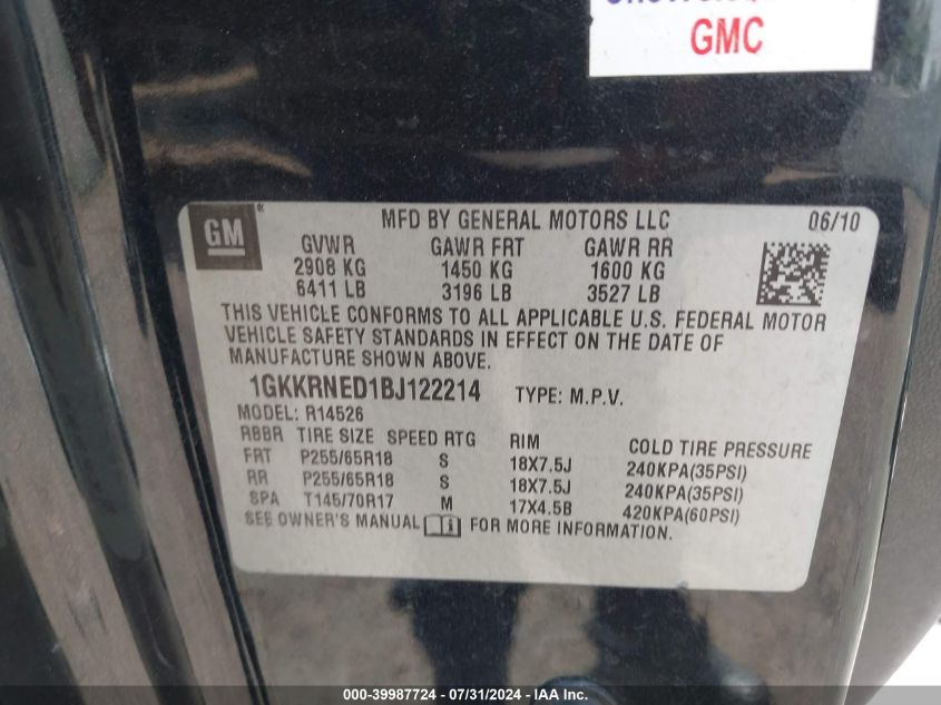 2011 GMC Acadia Sl VIN: 1GKKRNED1BJ122214 Lot: 39987724