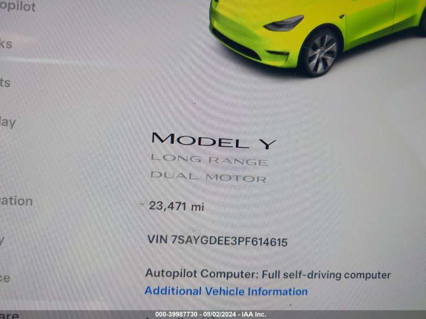 2023 Tesla Model Y Awd/Long Range Dual Motor All-Wheel Drive VIN: 7SAYGDEE3PF614615 Lot: 39987730