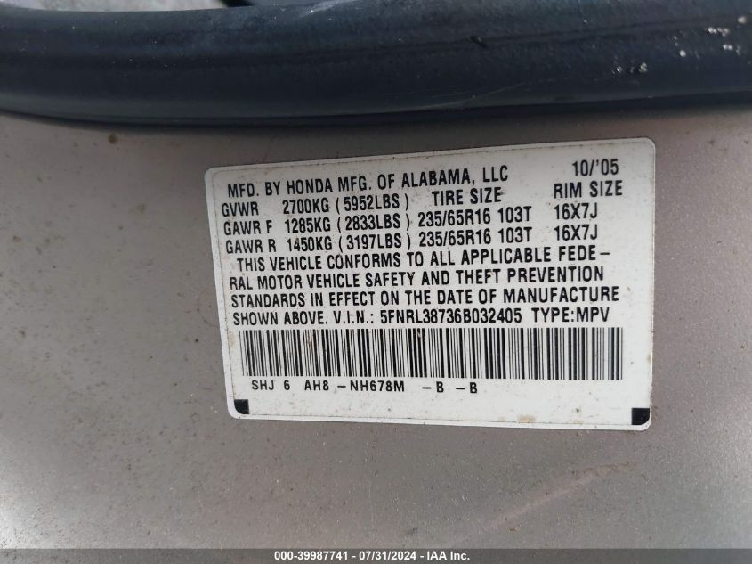 2006 Honda Odyssey Ex-L VIN: 5FNRL38736B032405 Lot: 39987741