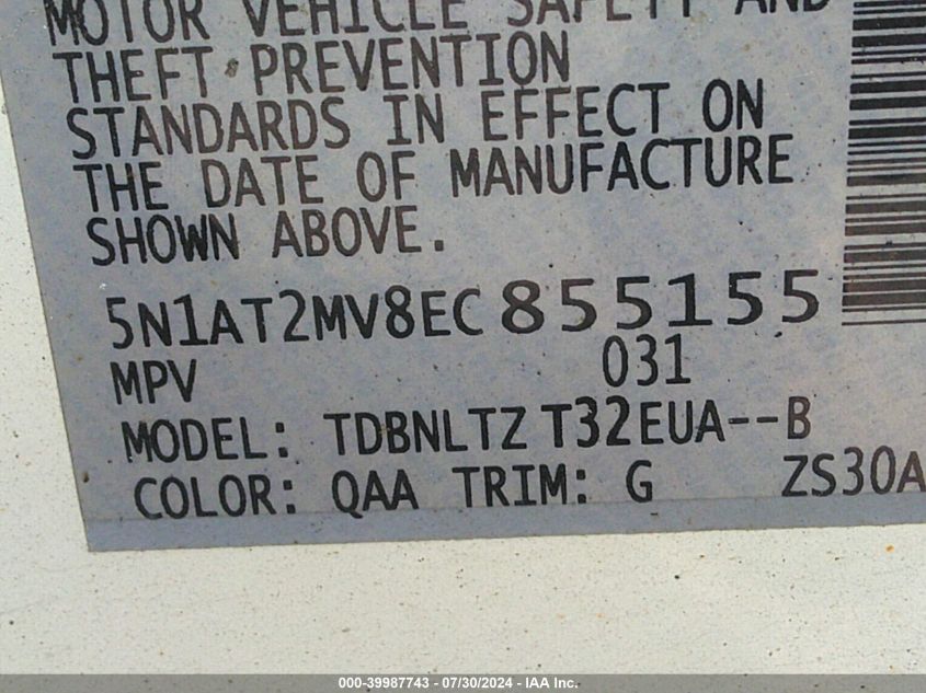 2014 Nissan Rogue Sv VIN: 5N1AT2MV8EC855155 Lot: 39987743