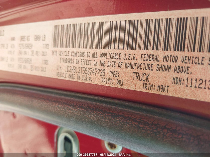 2009 Dodge Ram 1500 Slt/Sport/Trx VIN: 1D3HB13T59S747739 Lot: 39987757