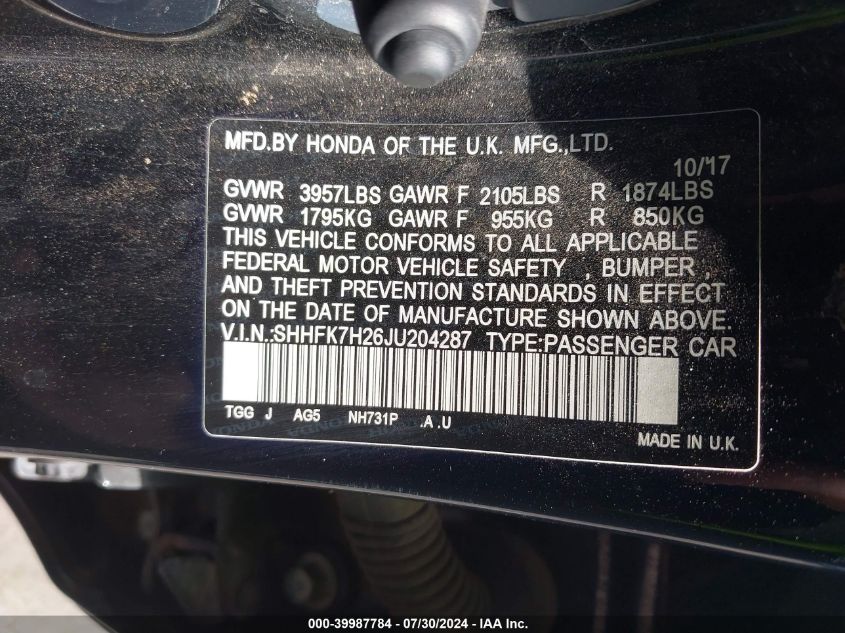 2018 Honda Civic Lx VIN: SHHFK7H26JU204287 Lot: 39987784