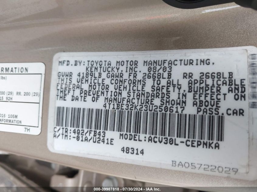 2003 Toyota Camry Le VIN: 4T1BE32K23U250617 Lot: 39987818