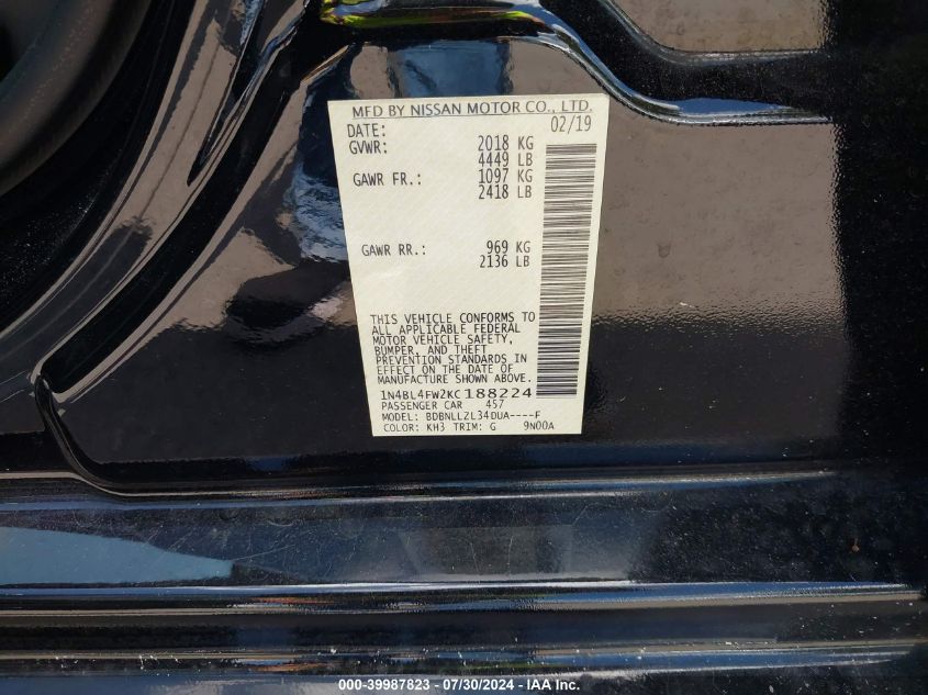 1N4BL4FW2KC188224 2019 Nissan Altima 2.5 Platinum