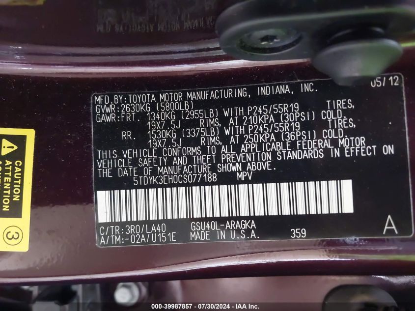 2012 Toyota Highlander Limited VIN: 5TDYK3EH0CS077188 Lot: 39987857