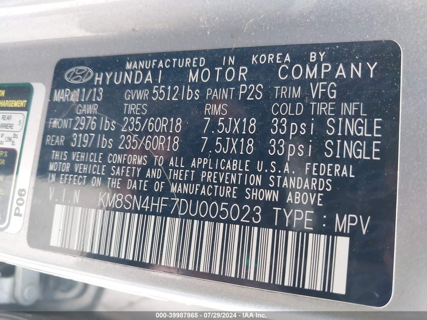 2013 Hyundai Santa Fe Gls VIN: KM8SN4HF7DU005023 Lot: 39987865