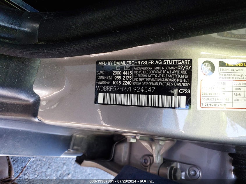 2007 Mercedes-Benz C 230 Sport VIN: WDBRF52H27F924547 Lot: 39987881