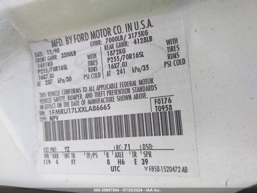 1999 Ford Expedition Eddie Bauer/Xlt VIN: 1FMRU17LXXLA86665 Lot: 39987884