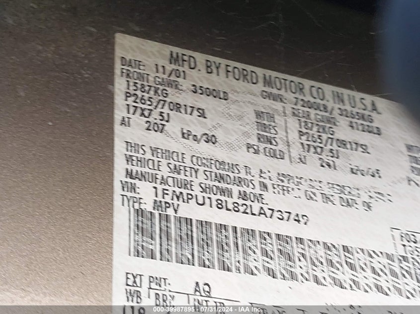 2002 Ford Expedition Eddie Bauer VIN: 1FMPU18L82LA73749 Lot: 39987895