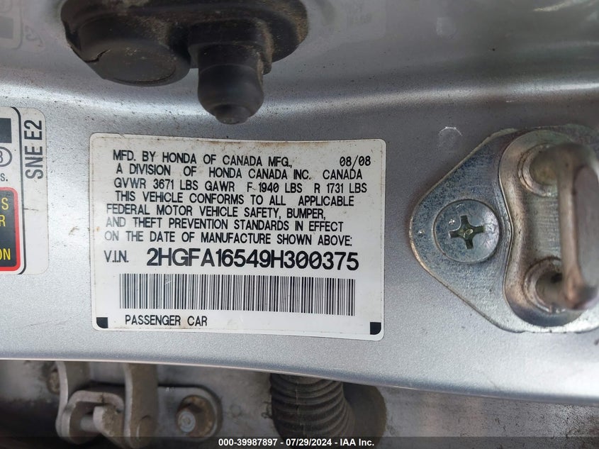 2009 Honda Civic Lx VIN: 2HGFA16549H300375 Lot: 39987897