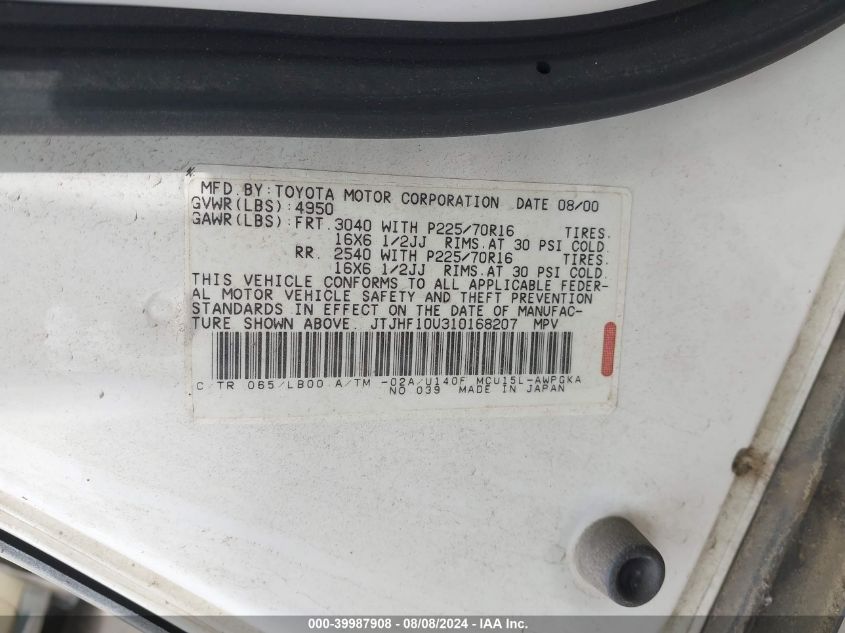 2001 Lexus Rx 300 VIN: JTJHF10U310168207 Lot: 39987908