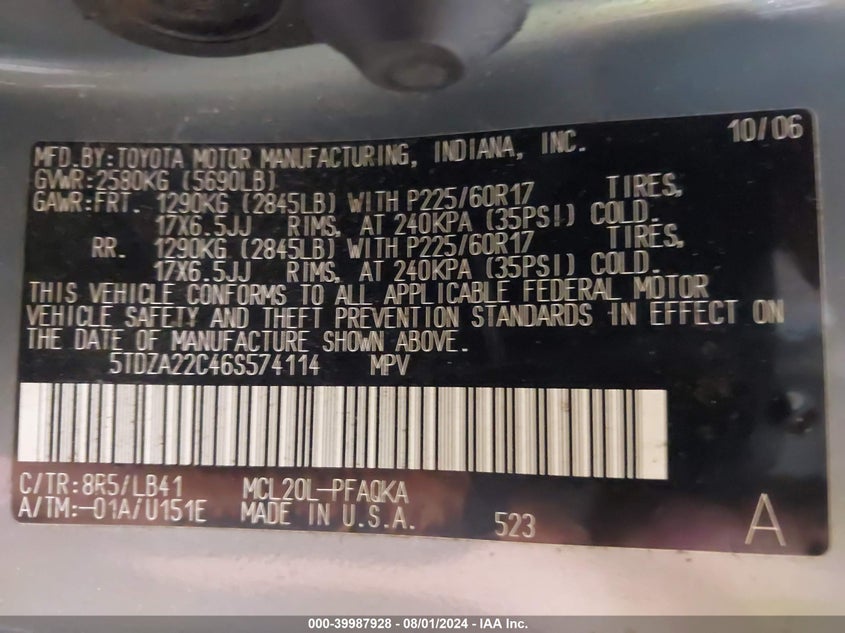 2006 Toyota Sienna Xle VIN: 5TDZA22C46S574114 Lot: 39987928