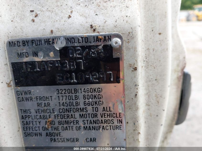 1984 Subaru Gl VIN: JF1AF43B7EC109297 Lot: 39987934