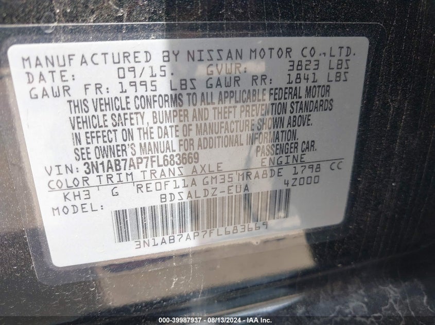 2015 Nissan Sentra Sv VIN: 3N1AB7AP7FL683669 Lot: 39987937