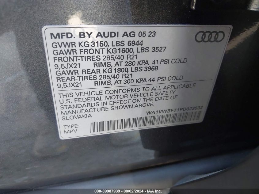 2023 Audi Sq7 Prestige Tfsi Quattro Tiptronic VIN: WA1VWBF71PD023532 Lot: 39987939