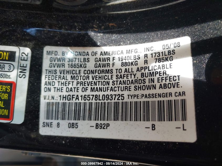 2008 Honda Civic Sdn Lx VIN: 1HGFA16578L093725 Lot: 39987942