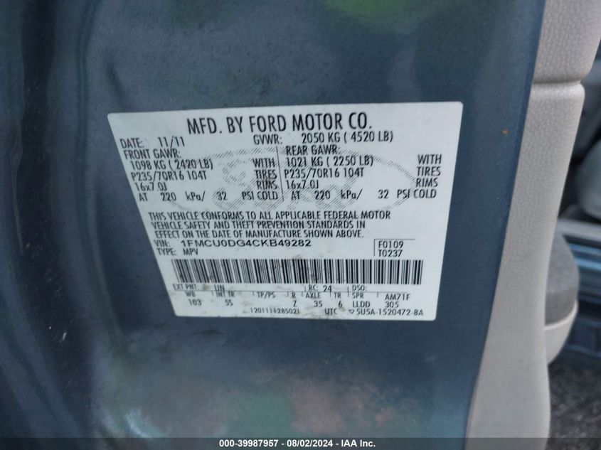 2012 Ford Escape Xlt VIN: 1FMCU0DG4CKB49282 Lot: 39987957