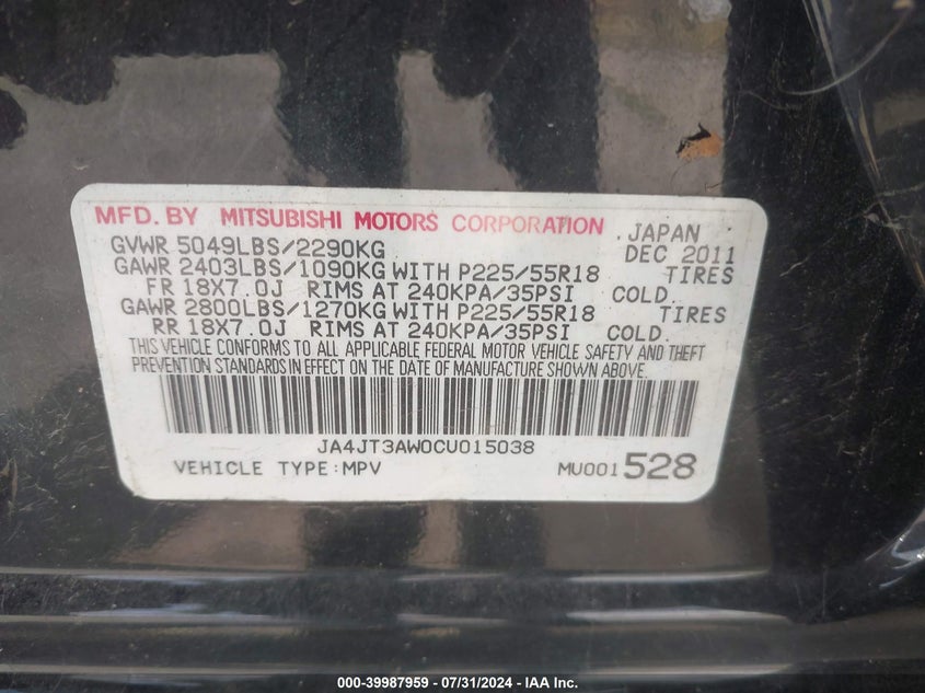 2012 Mitsubishi Outlander Se VIN: JA4JT3AW0CU015038 Lot: 39987959