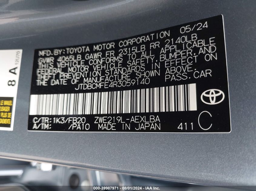 2024 Toyota Corolla Hybrid Le VIN: JTDBCMFE4R3059140 Lot: 39987971