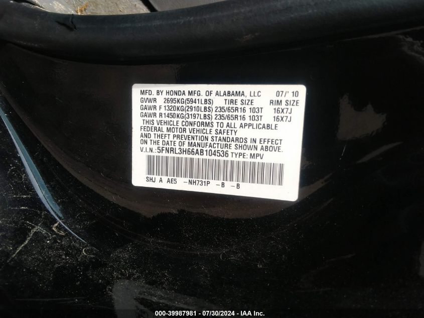 2010 Honda Odyssey Ex-L VIN: 5FNRL3H66AB104536 Lot: 39987981