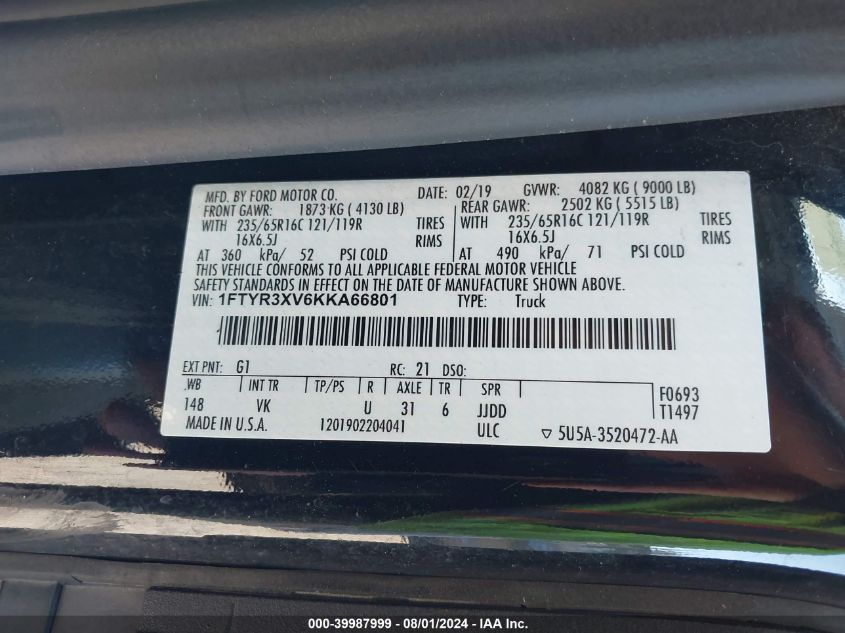 2019 Ford Transit-250 VIN: 1FTYR3XV6KKA66801 Lot: 39987999