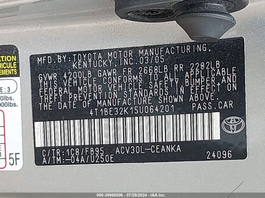 2005 Toyota Camry Le VIN: 4T1BE32K15U064201 Lot: 39988006