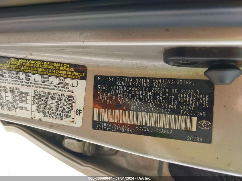 2005 Toyota Camry Xle V6 VIN: 4T1BF32K25U607097 Lot: 39988047