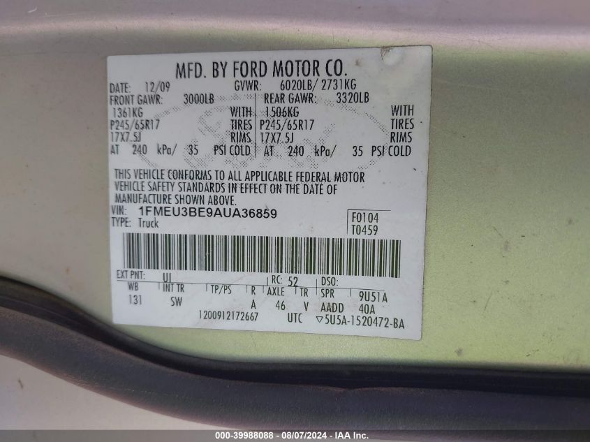 2010 Ford Explorer Sport Trac Xlt VIN: 1FMEU3BE9AUA36859 Lot: 39988088