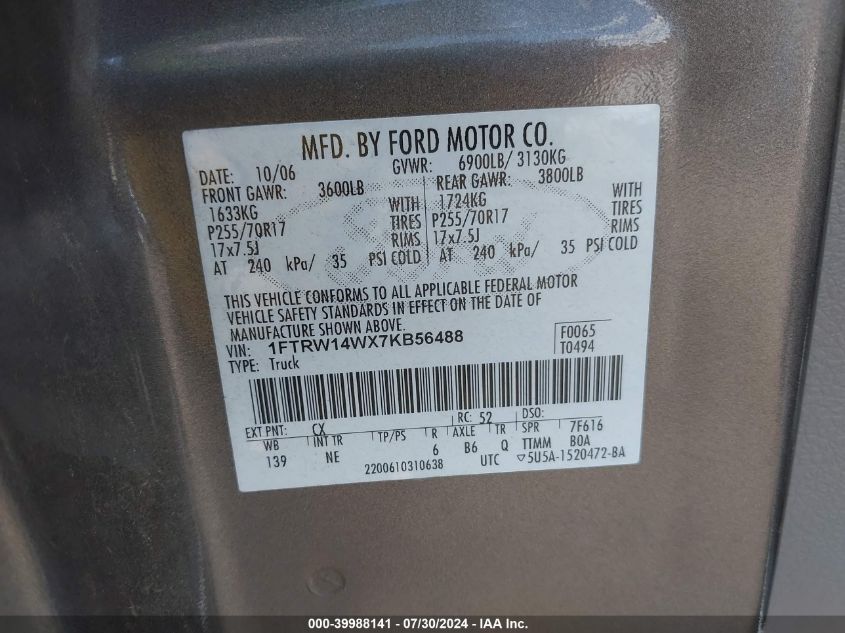 2007 Ford F150 Supercrew VIN: 1FTRW14WX7KB56488 Lot: 39988141