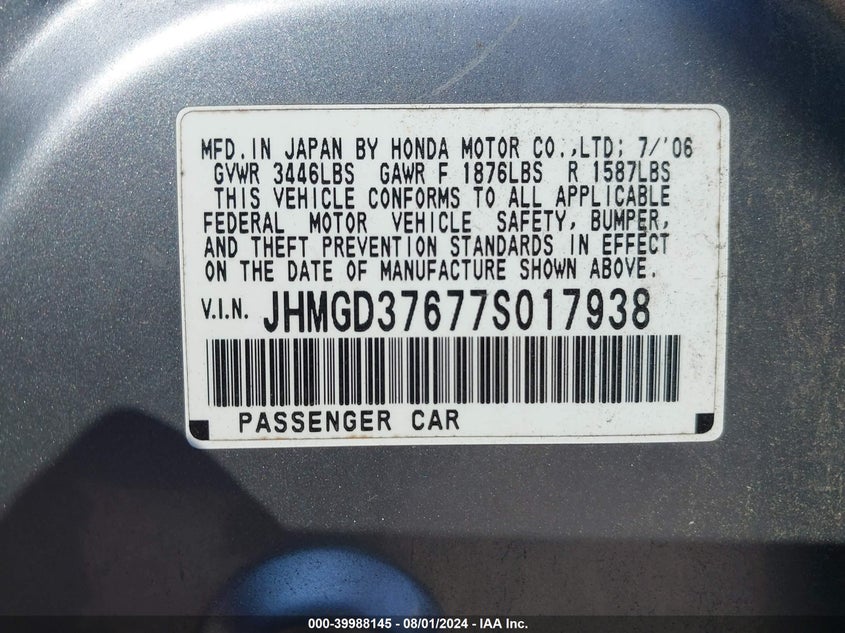 2007 Honda Fit Sport VIN: JHMGD37677S017938 Lot: 39988145