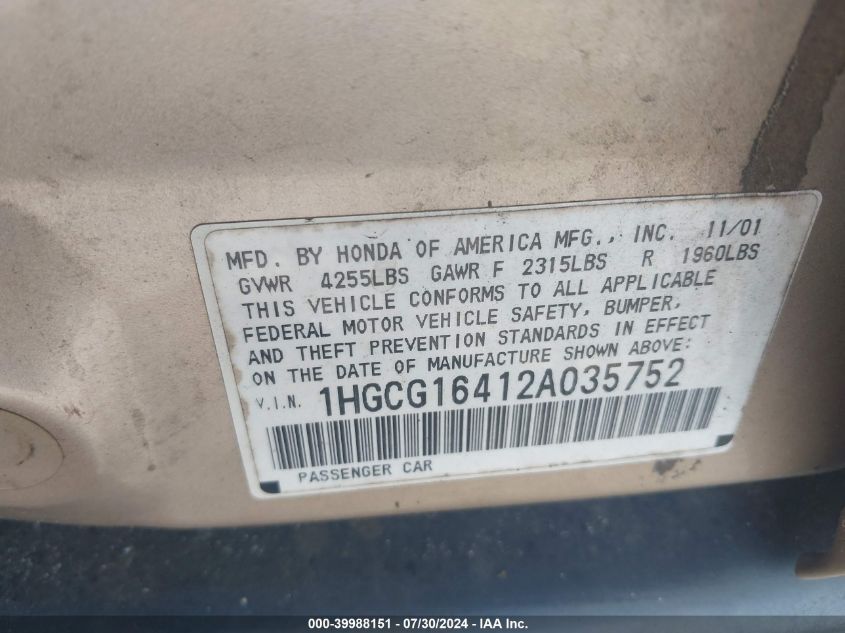 1HGCG16412A035752 | 2002 HONDA ACCORD