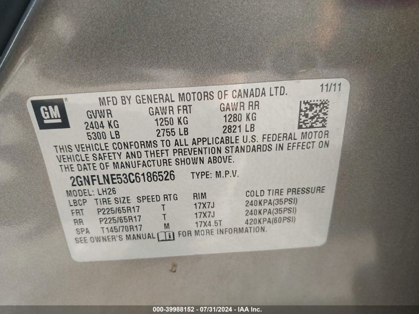 2012 Chevrolet Equinox Lt VIN: 2GNFLNE53C6186526 Lot: 39988152