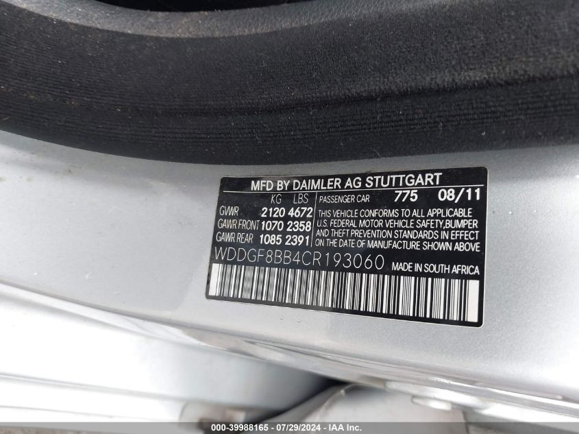 2012 Mercedes-Benz C 300 Luxury 4Matic/Sport 4Matic VIN: WDDGF8BB4CR193060 Lot: 39988165