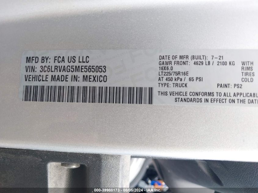 2021 Ram Promaster 1500 Low Roof 136 Wb VIN: 3C6LRVAG5ME565053 Lot: 39988173