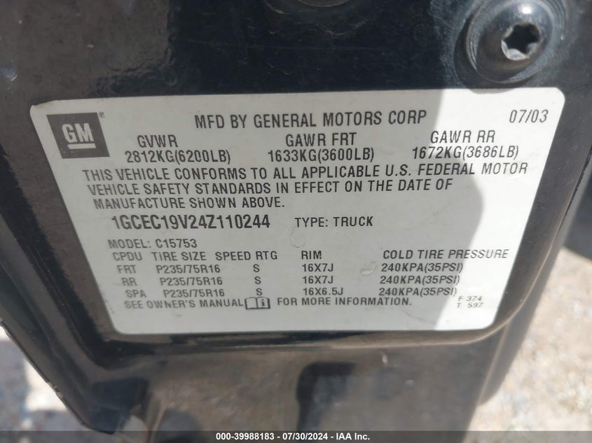 2004 Chevrolet Silverado 1500 Ls VIN: 1GCEC19V24Z110244 Lot: 39988183