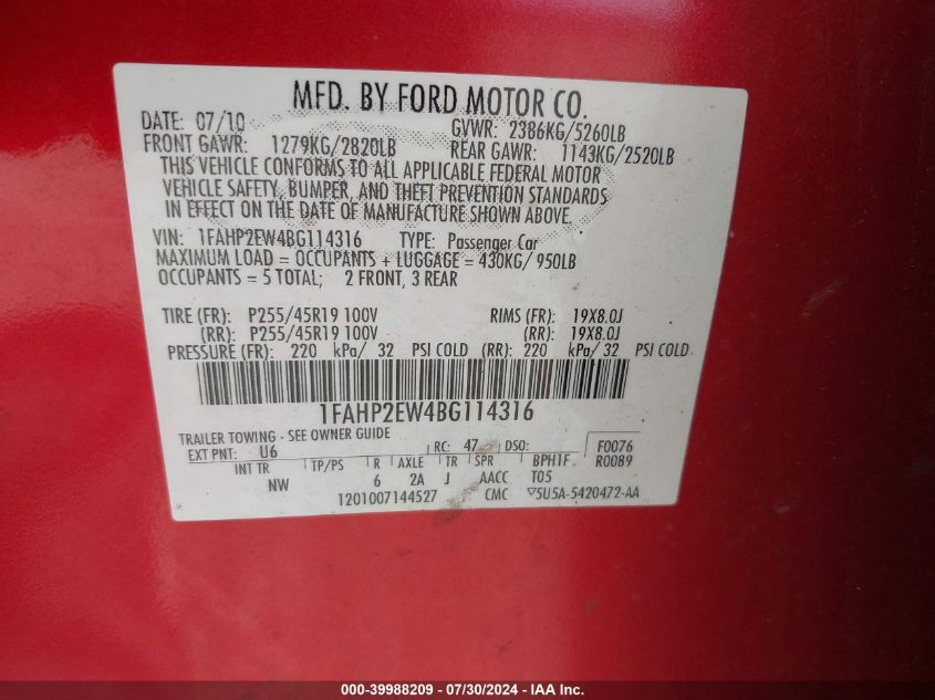 2011 Ford Taurus Sel VIN: 1FAHP2EW4BG114316 Lot: 39988209