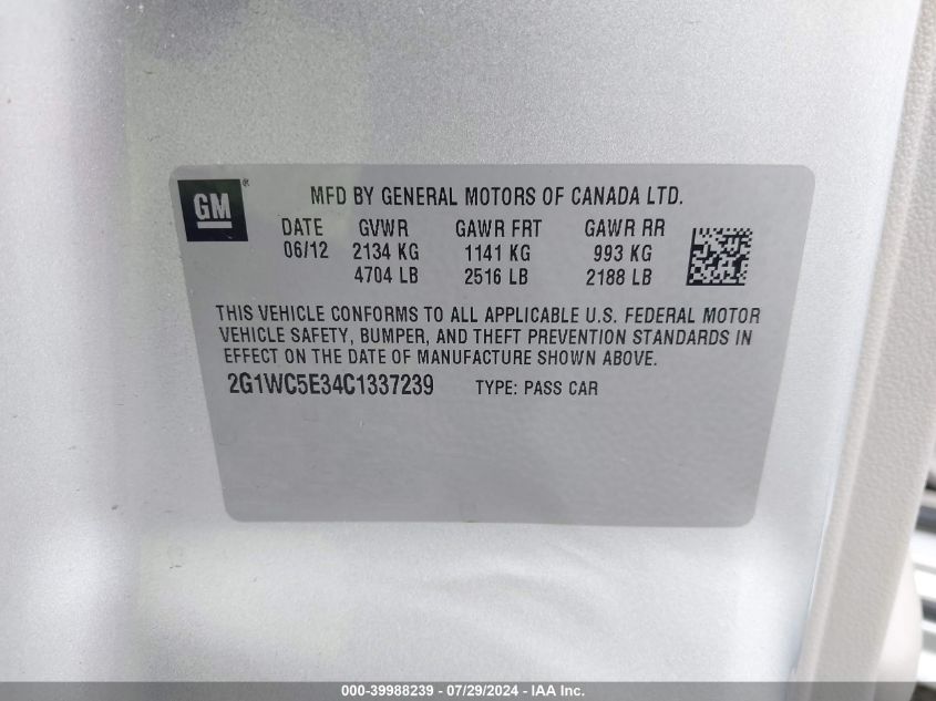 2012 Chevrolet Impala Ltz VIN: 2G1WC5E34C1337239 Lot: 39988239