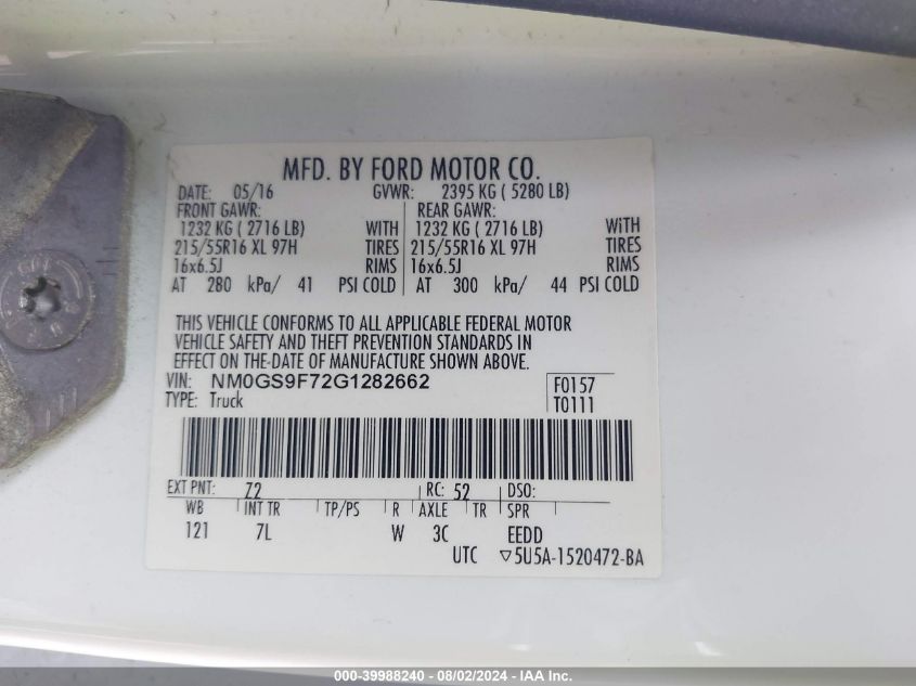 VIN NM0GS9F72G1282662 2016 Ford Transit, Connect Xlt no.9