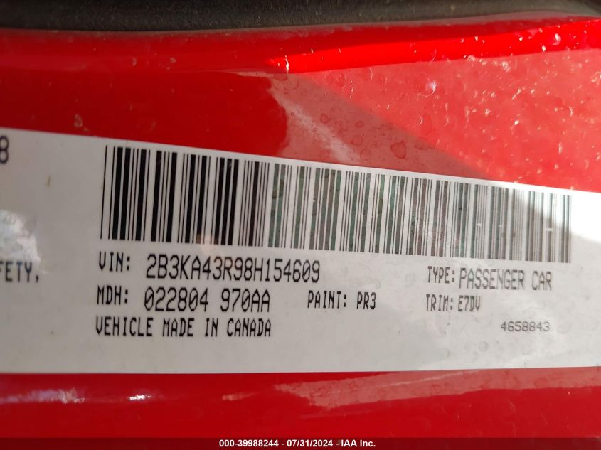 2008 Dodge Charger VIN: 2B3KA43R98H154609 Lot: 39988244