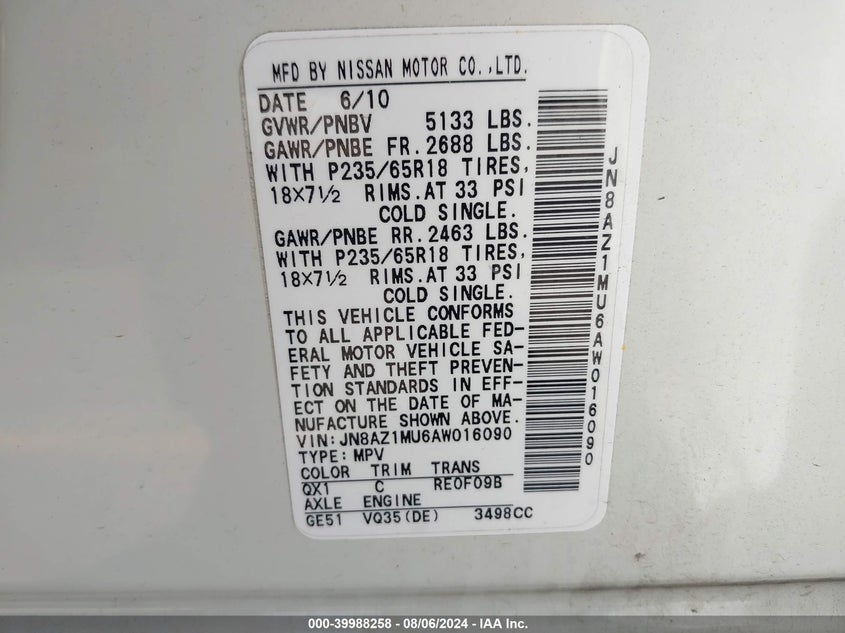 2010 Nissan Murano S VIN: JN8AZ1MU6AW016090 Lot: 39988258