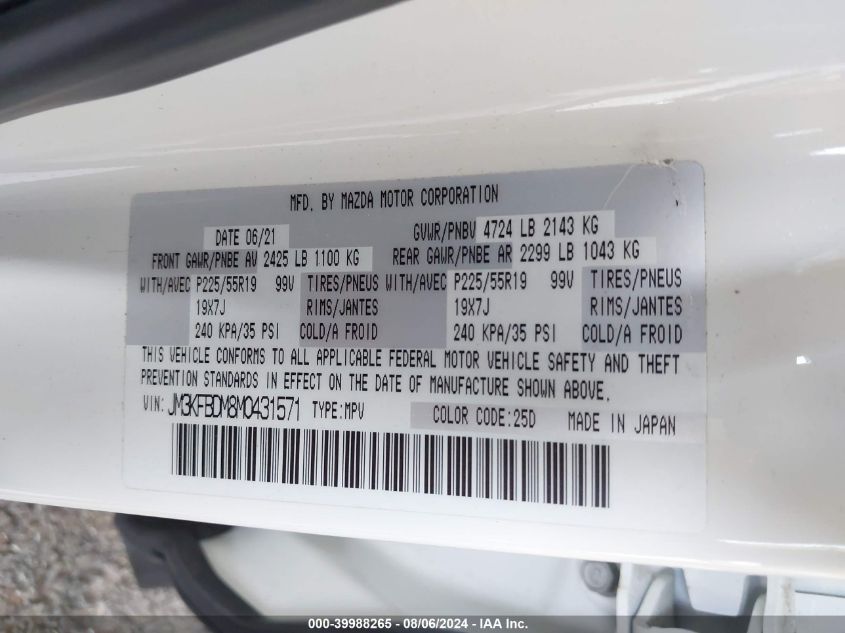 2021 Mazda Cx-5 Grand Touring VIN: JM3KFBDM8M0431571 Lot: 39988265