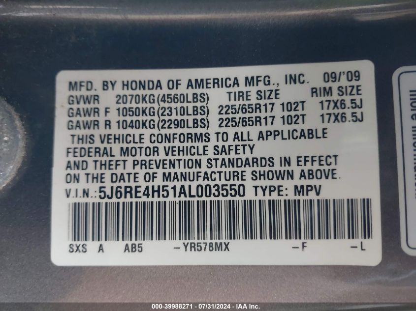 2010 Honda Cr-V Ex VIN: 5J6RE4H51AL003550 Lot: 39988271