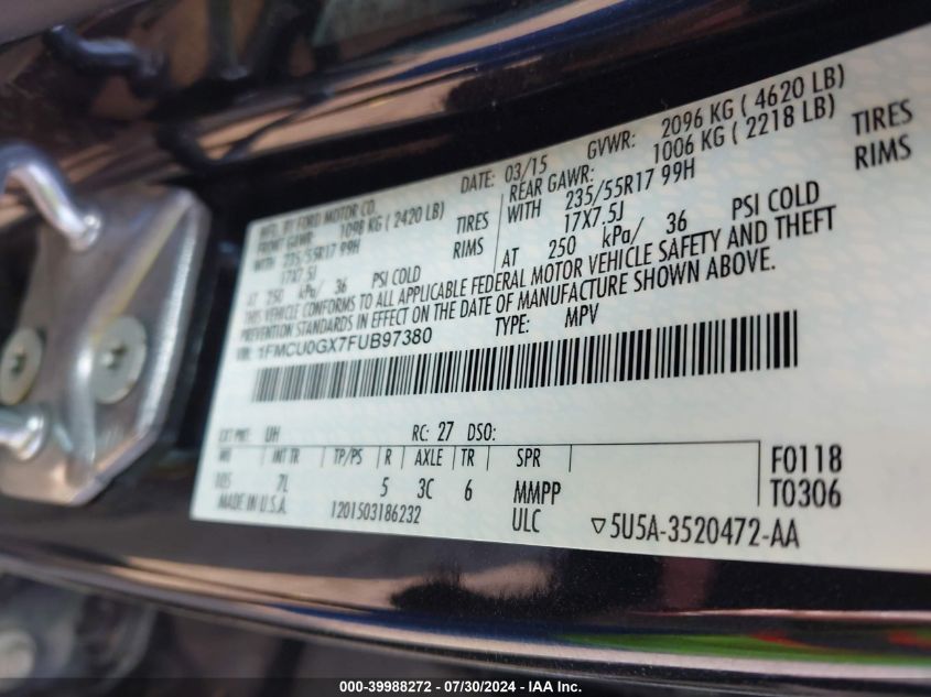 2015 Ford Escape Se VIN: 1FMCU0GX7FUB97380 Lot: 39988272