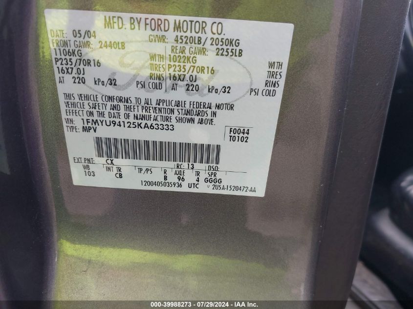 2005 Ford Escape Limited VIN: 1FMYU94125KA63333 Lot: 39988273